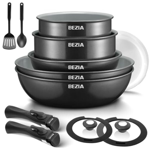 BEZIA Topfsets Pfannenset mit abnehmbaren Griffen, Töpfe und Pfannen Set mit gesunder Keramikbeschichtung, Induktions Pfannen Set 13-tlg, für alle Herdarten, stapelbares Design, Ofenfest