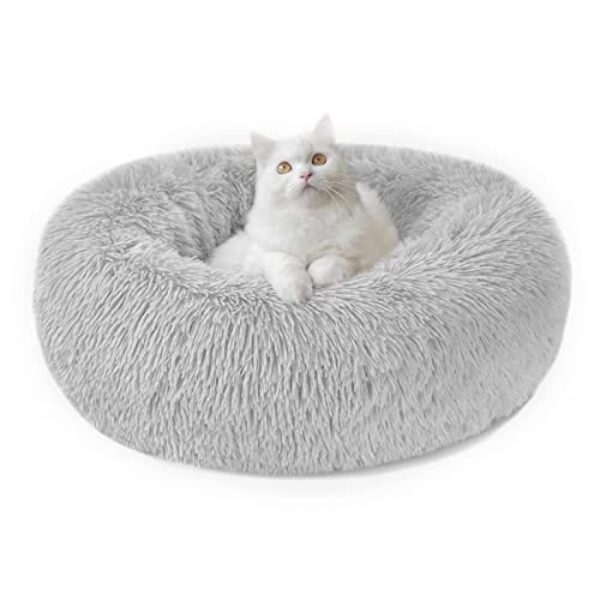 Nepfaivy Katzenbett Hundebett Flauschig Rund – Donut Kuscheliges Katzenkissen Katzenkorb Waschbar S/M/L/XL/XXL für Kleine, Mittelgroße und Große Katzen, Hunde und Andere Haustiere (M-50cm, Hellgrau)