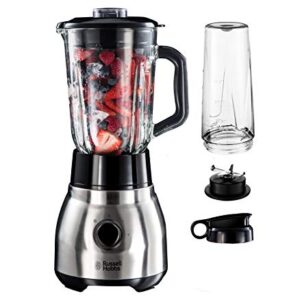 Russell Hobbs Standmixer 2-in-1 [1,5l Glasbehälter Mixer & 0,6l Mini Smoothie Maker -To-Go-Trinkflasche inkl. Deckel] Spülmaschinenfest, Impuls-/Ice-Crush Funktion, Becher BPA frei, Edelstahl 23821-56