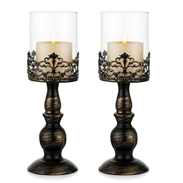 Sziqiqi Kerzenständer Set Vintage Distressed Black Hurricane Kerzenhalter 2 Stück, Kerzenständer für Stumpenkerze Kerzenhalter Hochzeitsfeier Home Decoration Kamin Mantel Dekoration 33cm