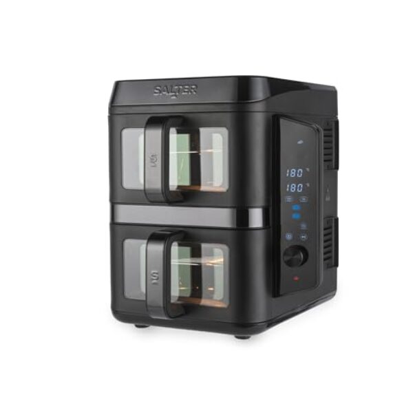 Salter VertiCook View Heißluftfritteuse – Vertikale Doppelschublade, Kochen auf 4 Ebenen, 9L Kapazität in 2 x 4.5L Körben, platzsparend, 12 Kochfunktionen mit Synchronisation & Anpassung, PFAS-frei