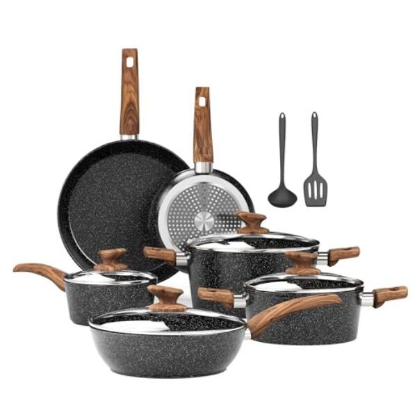 Kitchen Academy Induktion Töpfe Set – 12-teilige Schwarze Granit Kochtöpfe Set,Antihaft Topfset und Pfannen Set,PFOA & PFOS-freie