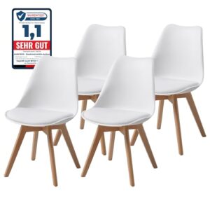 ALBATROS Esszimmerstühle 4er Set AARHUS, Weiss – Beine aus Buche Massiv-Holz, Skandinavisches Retro-Design, bequemer Schalenstuhl – Eleganter Küchenstuhl, Stuhl Esszimmer für Esstisch