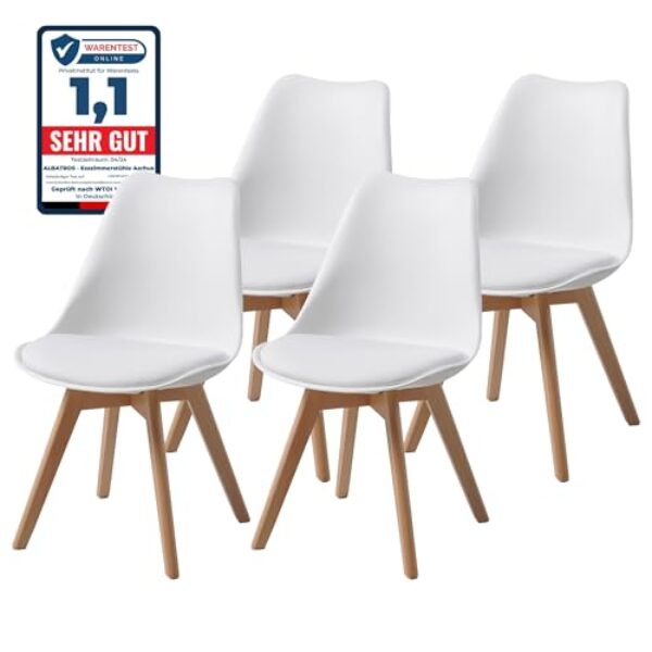 ALBATROS Esszimmerstühle 4er Set AARHUS, Weiss – Beine aus Buche Massiv-Holz, Skandinavisches Retro-Design, bequemer Schalenstuhl – Eleganter Küchenstuhl, Stuhl Esszimmer für Esstisch