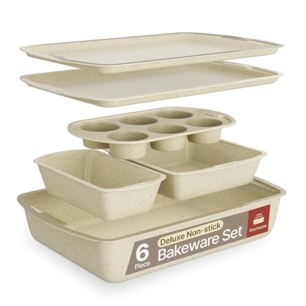 Bakken Swiss – Bakeware Set – 6-teilig – Stapelbar, Deluxe, Antihaft-Backformen für Profi- und Heimkochen – Kohlenstoffstahl, weiße Steinbeschichtung