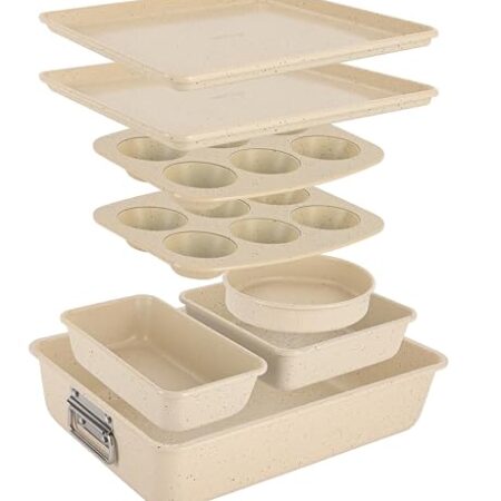 NutriChef Backformen Set 8-teilig – Auflaufform, Brotbackform, Backblech, Muffin Backform, Marmor-crème, Kuchenform stapelbar & antihaft, spülmaschinenfest, ofenfest bis 230°C