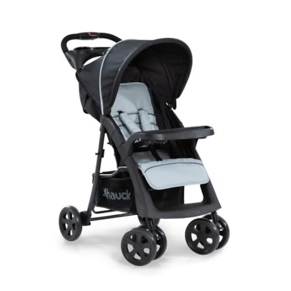 hauck Shopper Neo II, Schwarz Grau – Kinderbuggy mit Liegeposition ab Geburt bis 22 kg, 2x Tablett mit Getränkehalter, Einhändig Klein Zusammenklappbar, Tasche im Verdeck, XL Korb