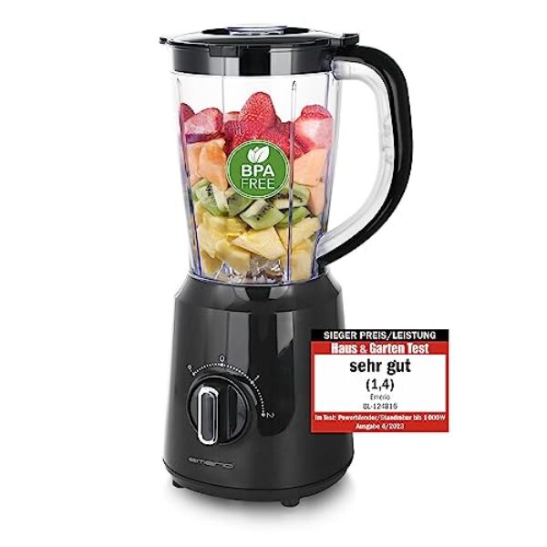 EMERIO Standmixer BPA frei Crush Ice Funktion 1.5l Behälter 2 Geschwindigkeiten + Pulse Funktion Messereinheit aus Edelstahl Sicherheitsschalter geschirrspülgeeignet 500 Watt BL-124816.8 Schwarz