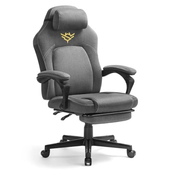 SONGMICS HOME Gaming-Stuhl, ergonomischer Computerstuhl mit Fußstütze, Bürostuhl, Drehstuhl mit Kopfkissen, Baumwoll-Leinen-Mischgewebe, höhenverstellbar, Taubengrau OBG072G01