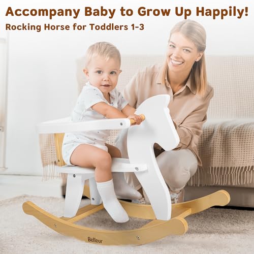 Belleur Schaukelpferd ab 1 Jahr, Schaukeltier Massivholz für Babys und Kleinkinder, Schaukelstuhl Holz Pferd, Pferd Zum Reiten für Kinder, Schaukeltier für Kinder - Weiß – Bild 4