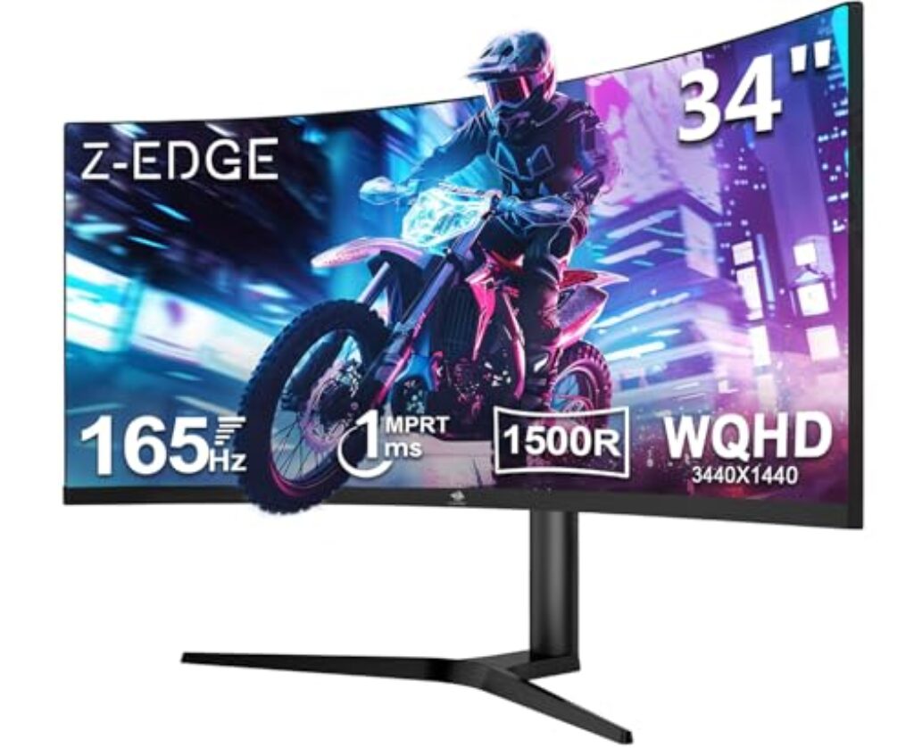 Z-Edge 34 Zoll Ultrawide Curved Gaming Monitor 165Hz (DP) 100Hz (HDMI) 1ms MPRT, 21:9 WQHD 3440×1440 R1500 Curved VA Panel, Höhenverstellbar, FreeSync, HDMI, DisplayPort, Pip & PBP, Schwarz