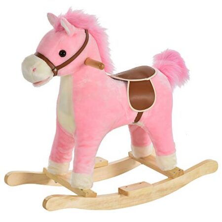 HOMCOM Kinder Schaukelpferd Baby Schaukeltier Pferd mit Tiergeräusche Spielzeug Haltegriffe für 36-72 Monate Plüsch Rosa 65 x 32,5 x 61 cm