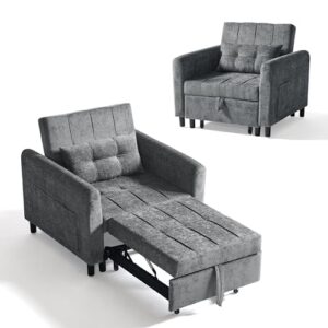 LINSY HOME 3-in-1 Schlaferstuhl, 1-Sitzer Sofa mit Schlaffunktion, Chenille Sessel Kleine mit Kissen und Seitentasche für Kleine Wohnung – Schlafbereich 74 x 190cm (Grau)