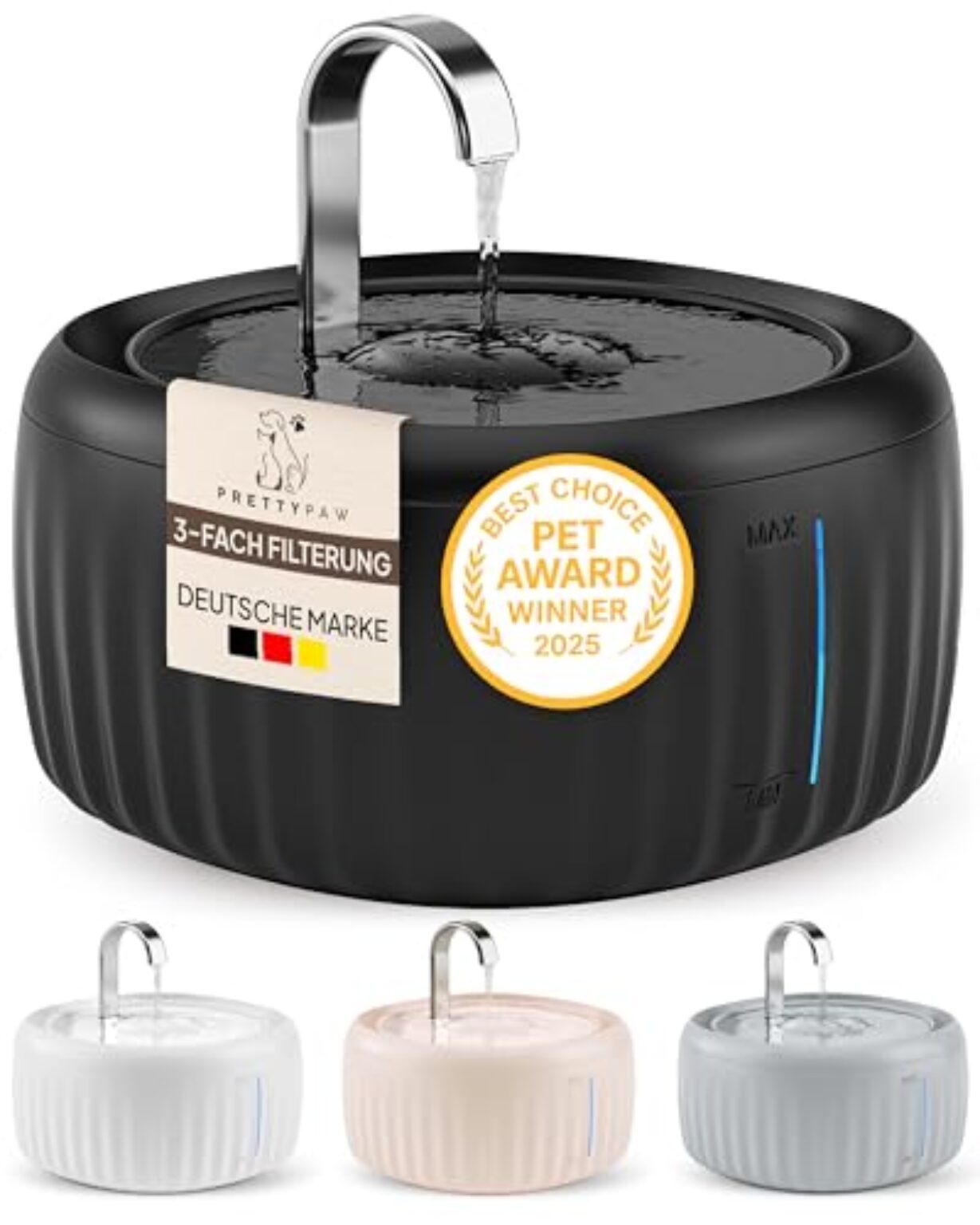 PrettyPaw Katzenbrunnen - Super leiser, BPA-freier 3L Trinkbrunnen für Katze mit LED und Aktivkohlefilter - Leicht zu reinigender Katzen Trinkbrunnen - Aqua Flow (Schwarz) - Pro...