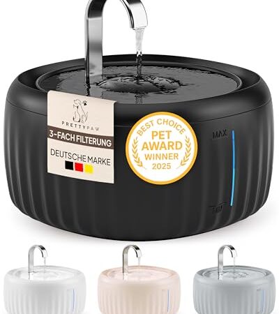 PrettyPaw Katzenbrunnen – Super leiser, BPA-freier 3L Trinkbrunnen für Katze mit LED und Aktivkohlefilter – Leicht zu reinigender Katzen Trinkbrunnen – Aqua Flow (Schwarz)
