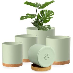 Homeuouz 5 Packs Blumentopf mit Untersetzer, 17.8/15.2/14/12.7/10.2cm Pflanzentopf, Plastik Übertopf, Hydrokultur Topf, Blumentöpfe Set Ideal für Innen und Balkongärten, Grün mit braunes Tablett