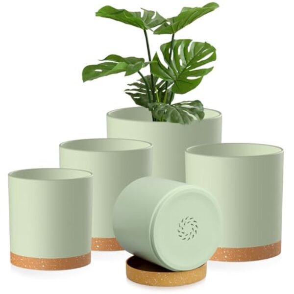 Homeuouz 5 Packs Blumentopf mit Untersetzer, 17.8/15.2/14/12.7/10.2cm Pflanzentopf, Plastik Übertopf, Hydrokultur Topf, Blumentöpfe Set Ideal für Innen und Balkongärten, Grün mit braunes Tablett