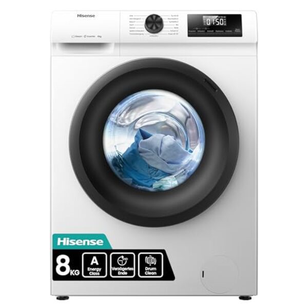 Hisense WF1Q8041BW Waschmaschine mit Dampffunktion /8KG /1400 U/Min /15 Programme/Anti-Allergie Programm/Baby-Wäsche/AutoWash/QuickWash/Daunen/Eco/Power 49′ / Verzögertes Ende/EEK: A/Weiß