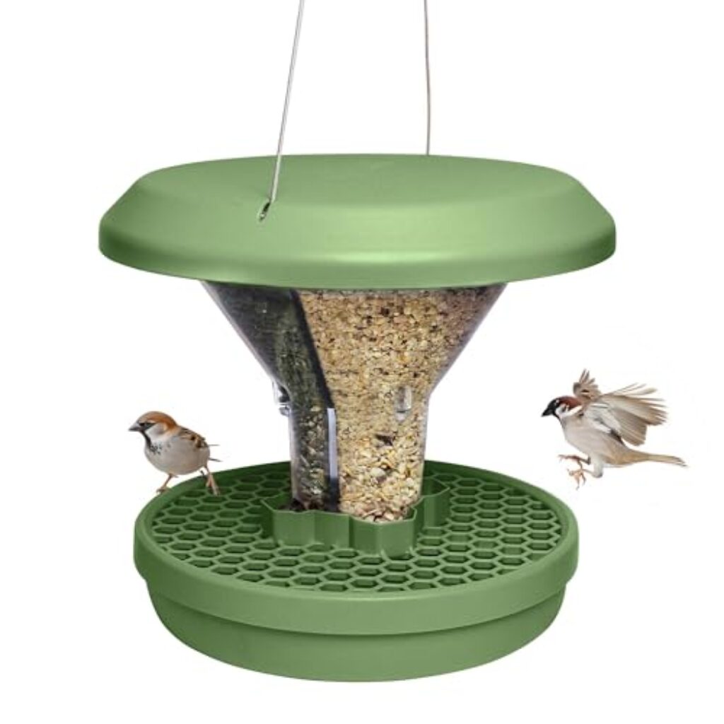 SWISSINNO Vogelfutterhaus zum Aufhängen – Davos SMART Birds – Vogelfutterspender mit Auffangschale – Futterstation für Vögel – Futtersilo Rattensicher – Vogelhaus für Garten & Balkon – Salbei
