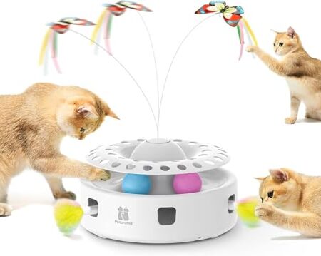 Potaroma 3-in-1 Interaktives Elektrisches Katzenspielzeug – Automatisches Federspiel, Flatternder Schmetterling & Katzenballbahn – USB-betrieben & Batteriebetriebenes für Wohnungskatzen