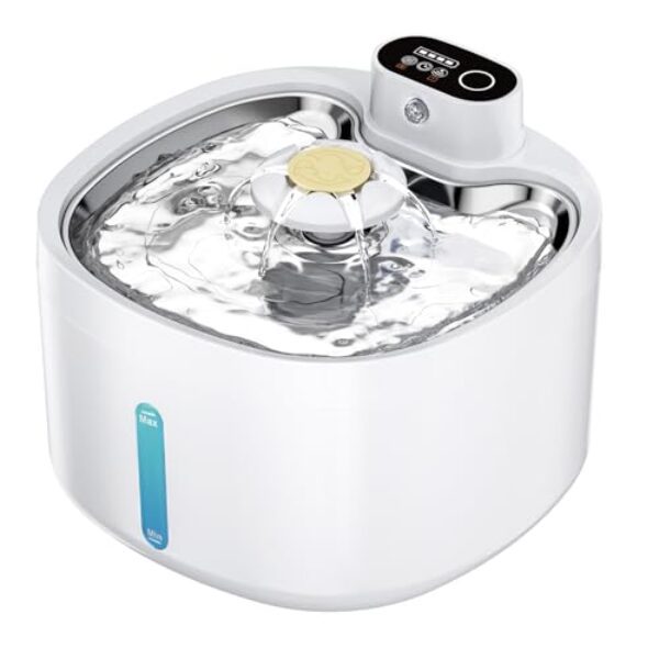 Katzenbrunnen, 2.6L Trinkbrunnen für Katze mit 4 Filter, Leise Katzenbrunnen Kabellos mit Bewegungsmelder, 4000mAh Batteriebetrieben Katzentrinkbrunnen, Tablett aus Edelstahl für Katze – BPA-Frei