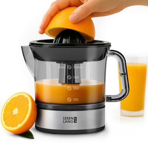 LEBENLANG Zitruspresse elektrisch – 2 Kegel & BPA-Frei I Hohe Saftausbeute I 700ml Orangenpresse elektrische Saftpresse Edelstahl für Zuhause I Entsafter Zitronenpresse Orangensaftpresse Fruchtpresse