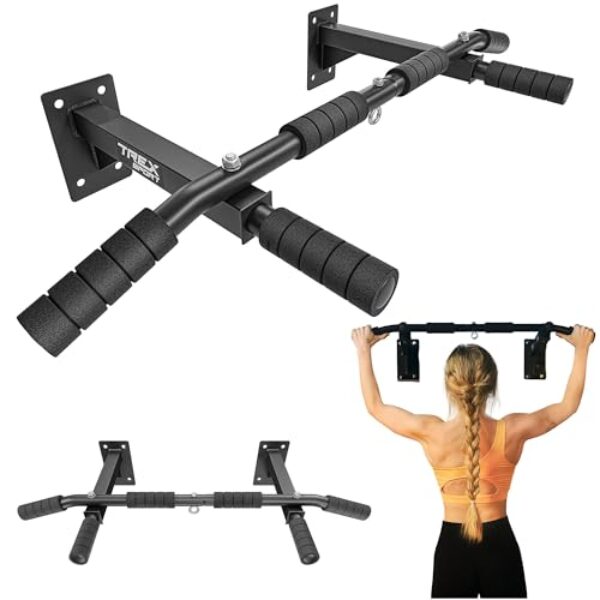 TREX SPORT Klimmzugstange zur Wandmontage TX-030PB | 6 rutschfeste Schaumstoff Griffe, Öse für Boxsack | Stahl Pull Up Bar für zuhause bis 250 kg