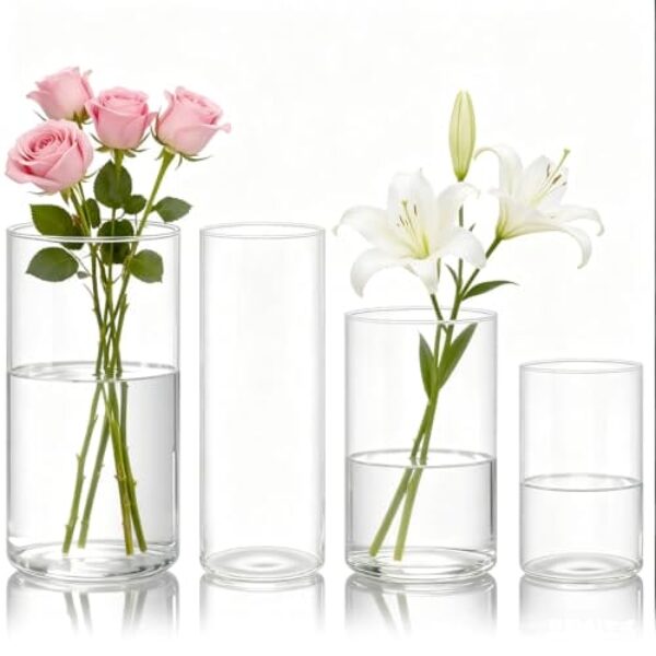 mawmuaw 4 Stück Blumenvase Transparente Acryl Vasen Set Vase Kunststoff Zylindervasen Bruchsichere für Blumenarrangements DIY Hochzeitsdekoration (12 x 25 und 10 x 20 und 8,5 x 15 und 7,8 x 25 cm)