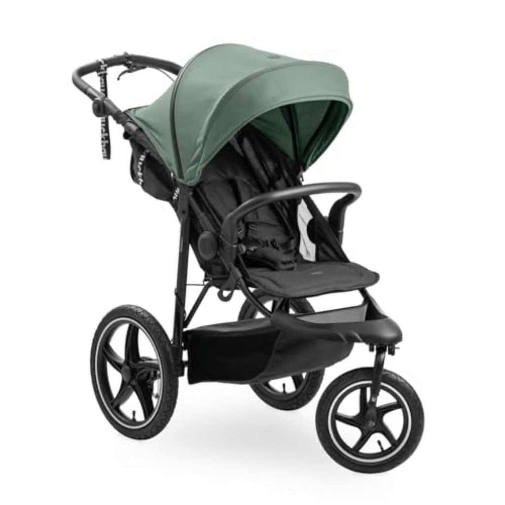 hauck Runner 3, Jungle Green – Dreirad Kinderwagen Buggy mit XL Lufträder, Federung, Handbremse, XL Sonnenverdeck, Netzfenster, Korb mit Deckel, Liegeposition, Getränkehalter, ab Geburt bis 22 kg