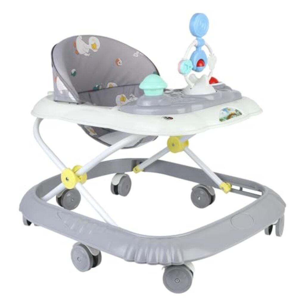 4 in 1 Drehspieß mit Tablett für musikalische Aktivitäten, 4 einstellbare Höhen, zusammenklappbarer Lauflernhilfe für Babys von 6 bis 18 Monaten, bis zu 9 kg (grau, 58 x 55 x 65 cm)
