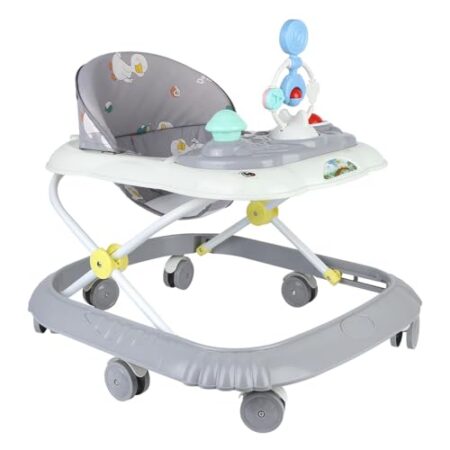 4 in 1 Drehspieß mit Tablett für musikalische Aktivitäten, 4 einstellbare Höhen, zusammenklappbarer Lauflernhilfe für Babys von 6 bis 18 Monaten, bis zu 9 kg (grau, 58 x 55 x 65 cm)