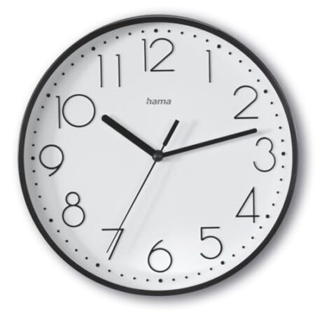 Hama Wanduhr Salina (ohne Tickgeräusche, Quarzuhr geräuscharm, Ø 22cm, große Ziffern, analoge Uhr, mit Stunden-, Minuten- und Sekundenzeiger, Glas Abdeckung, inkl. Batterie) schwarz