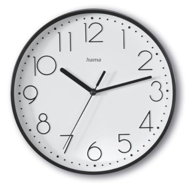 Hama Wanduhr Salina (ohne Tickgeräusche, Quarzuhr geräuscharm, Ø 22cm, große Ziffern, analoge Uhr, mit Stunden-, Minuten- und Sekundenzeiger, Glas Abdeckung, inkl. Batterie) schwarz