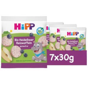 HiPP Bio Heidelbeer Reiswaffeln (7 x 30g), Babysnack ab 8. Monat, Süße nur aus Früchten, in bester Bio-Qualität
