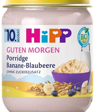HiPP Bio Guten Morgen Porridge Banane-Blaubeere (6 x 160g), ab 10. Monat, ohne Zuckerzusatz, schmeckt warm & kalt, in bester Bio-Qualität - Produktbild