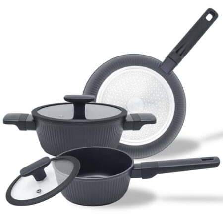 3-teiliges Antihaft-Kochgeschirr-Set, Bratpfanne und Soßentöpfe mit Glasdeckel, Schwarz