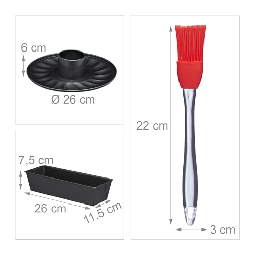 Relaxdays Backform Set 5-teilig, 26er Springform mit Rohrboden, Kastenform, Obstbodenform, Backpinsel, Stahl, anthrazit – Bild 6