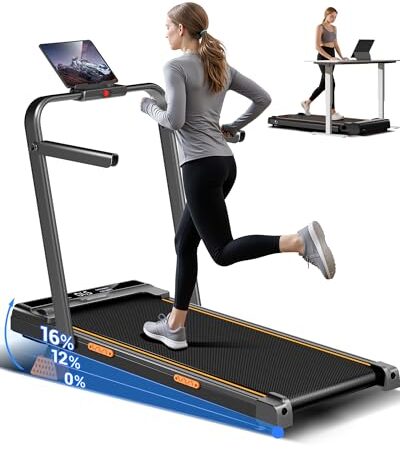 UMAY Laufband für Zuhause Klappbar mit Steigung 16%, 10KM/H Walking Pad Klappbar mit Steigung, Fernbedienun, LED Anzeige, Laufbänder mit Handläufen, 3.0 HP Treadmill for Home, B...