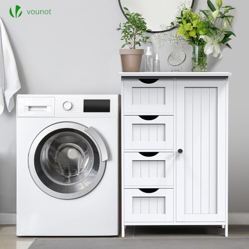 VOUNOT Badezimmerschrank, Badschrank, Beistellschrank mit 4 Schubladen, Schranktür & verstellbaren Ablagen für Badezimmer Wohnzimmer Küche Schlafzimmer 30x55x82cm Weiß – Bild 3