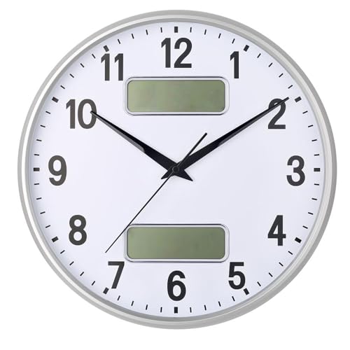 HZDHCLH 33cm Funkuhr Digitale, Anzeige von Temperatur, Luftfeuchtigkeit, Kalender, Modernes Design, Geeignet Für Zuhause, Büro, Schule(Weißsilber) – Bild 3