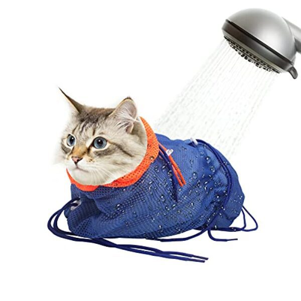 Catcan Katzenpflegesack aus atmungsaktivem Netzstoff, kratzfest, verstellbar, zum Nageltrimmen, Baden, weicher Polyester-Katzen-Waschbeutel (Blau-Orange)