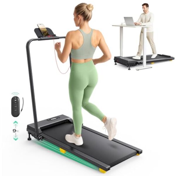 Laufband mit 9% Steigung, Walking pad klappbar mit Sicherheitsgriff, One-Touch-HIIT-Modus, Gehen, Joggen oder Laufen fürs Homeoffice, Kein Zusammenbau erforderlich, Fernbedienung & LED-Anzeige