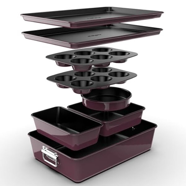 NutriChef Backformen Set 8-teilig – Auflaufform, Brotbackform, Backblech, Muffin Backform, Violet, Kuchenform rund & eckig, stapelbar & antihaft, spülmaschinenfest, ofenfest bis 230°C