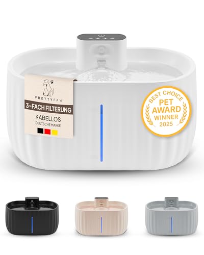 Pretty Paw Katzenbrunnen mit Bewegungsmelder – Trinkbrunnen für Katze Kabellos mit 45 Tagen Akku – Wasserbrunnen für Katzen mit Filter & 3 Liter Wassertank – Aqua Sense (Weiß)