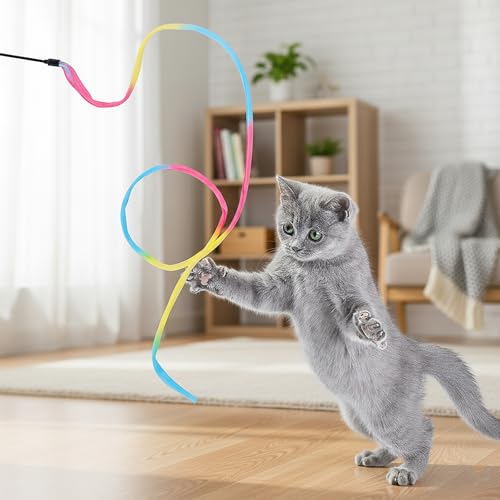 DOPENSPI 3 Stück Katzen Zauberstab, 88cm Katze Wand interaktives Spielzeug Interaktives Katzen Regenbogenstab Schnurspielzeug Interaktiver Zauberstab für Teaser Training Indoor – Bild 5