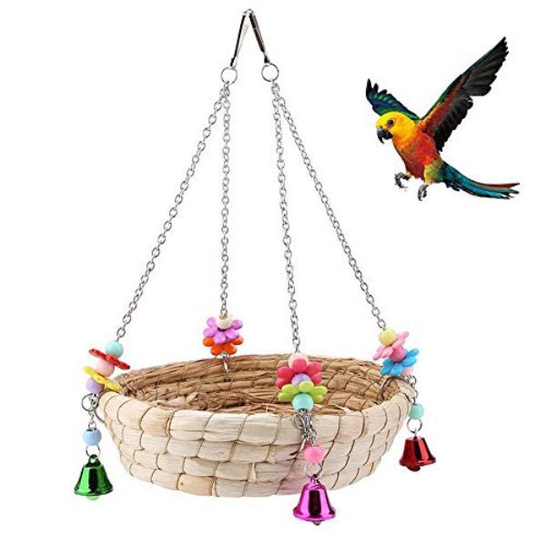 Vogelspielzeug für Papageien, Vogelnest für Papageien, Nestschaukel aus Stroh, handgewebt, natürlich, mit 4 Metallglocken, Schaukel für Vögel, Papagei