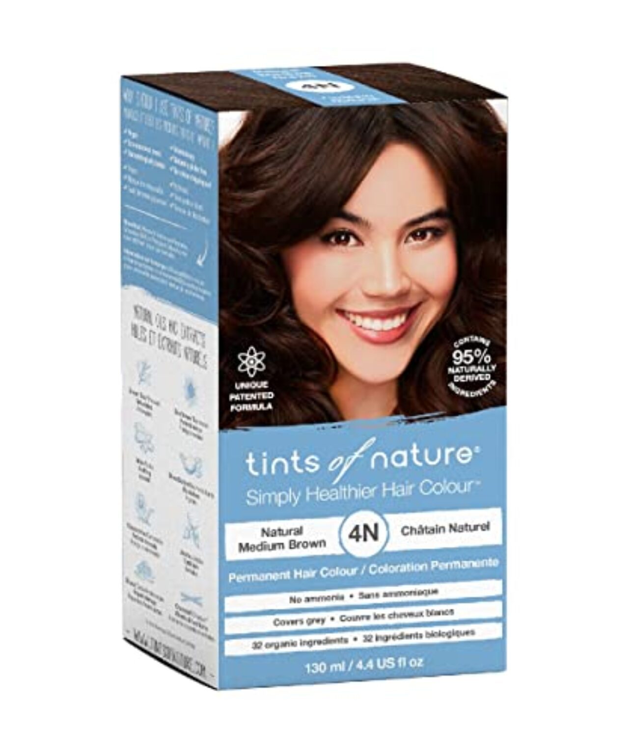Tints of Nature 4N Natural Medium Brown Permanent Hair Dye, Natürliches Mittelbraun Permanente Haarfarbe, pflegt das Haar und deckt Grau ab, ammoniakfrei, 130 ml