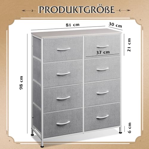 WLIVE Kommode mit 8 Schubladen aus Stoff, Kommodenschrank für Schlafzimmer, Kommode Wohnzimmer, mit Stabiler Stahlrahmen, Holzplatte, Hellgrau – Bild 4