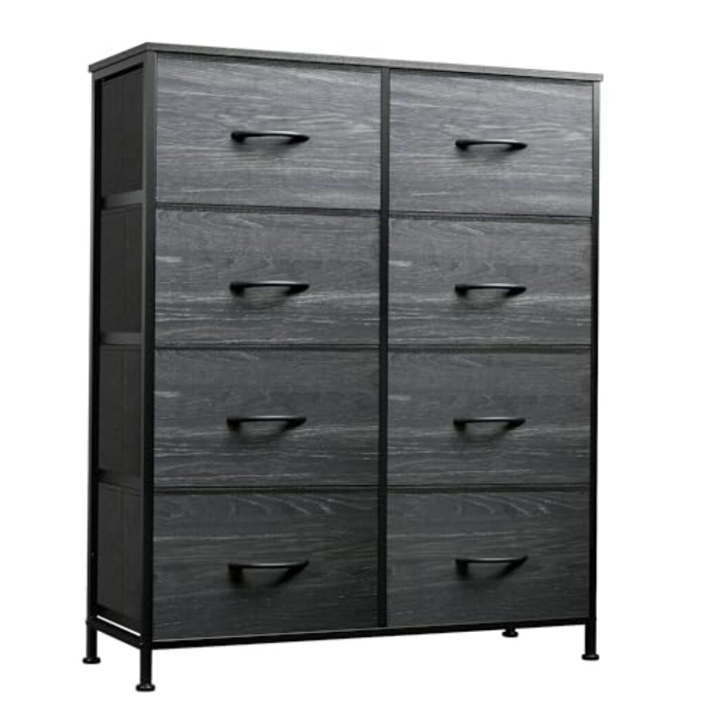 WLIVE Kommode mit 8 Schubladen aus Stoff, Kommodenschrank für Schlafzimmer, Kommode Flur Wohnzimmer, mit Stabiler Metallrahmen, Schwarze Holzmaserung