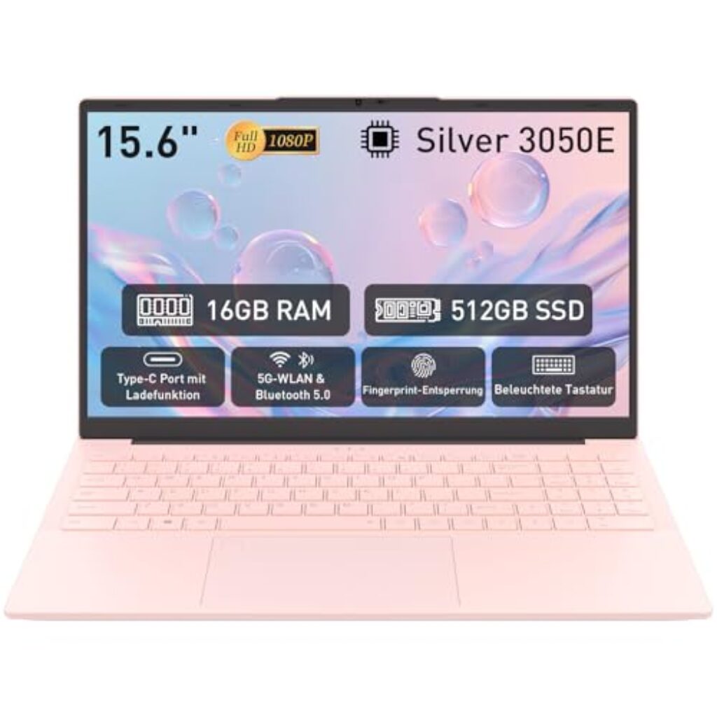 Pryloxen Laptop 15.6 Zoll Rosa, 16GB DDR4 512GB SSD, Dual-Core 3050E (bis zu 2.80 GHz), Notebook Mit Fingerabdrucksensor, Illuminated Keyboard, Doppellautsprecher, HDMI, Laptop für Schüler und Büro